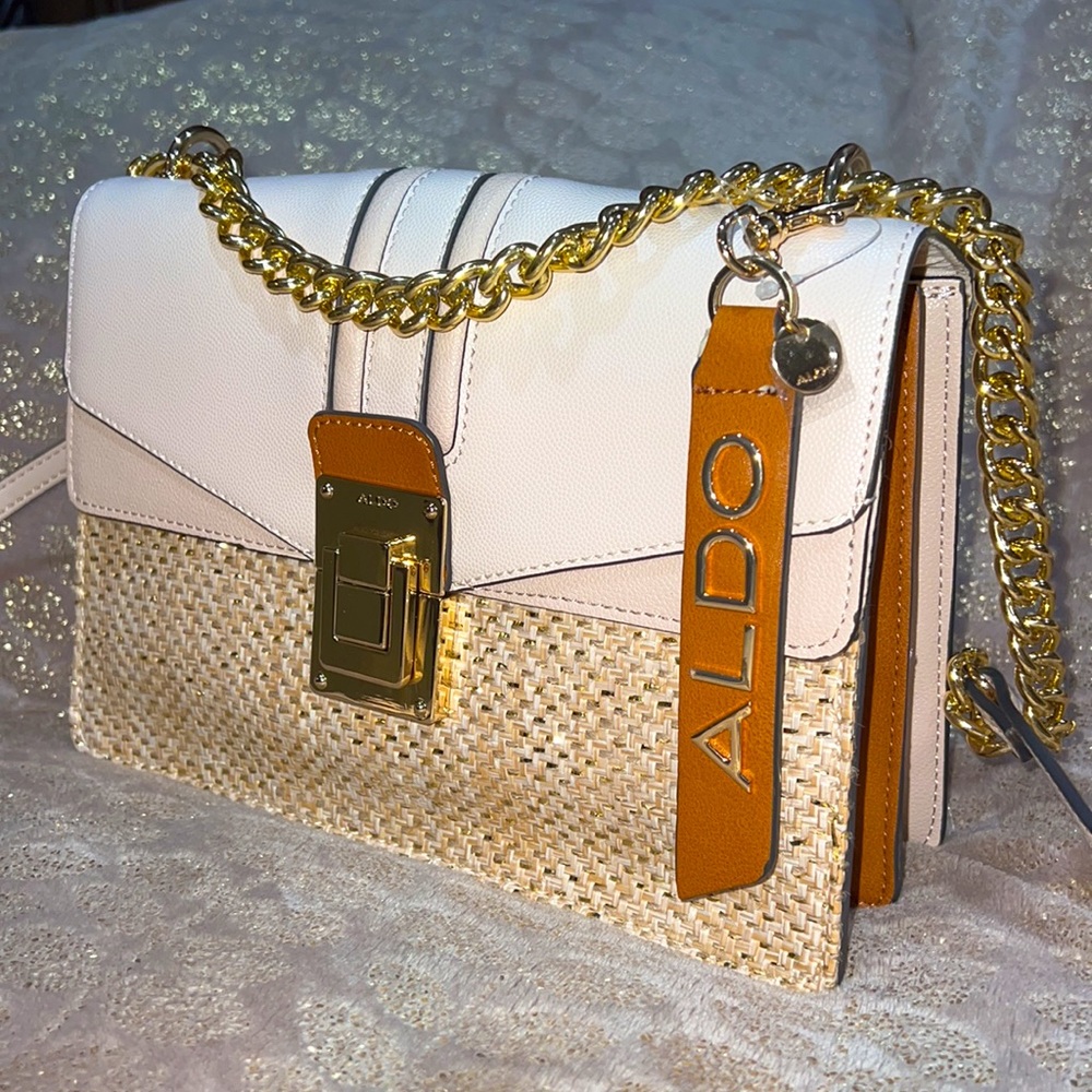 Aldo Tweed Shoulder Bag Faux Leather Camel Brown Bone Pink Handbag